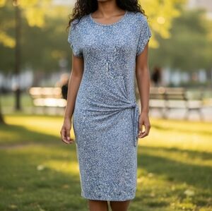 EUC Loft Size XS Super Soft Blue Speckled White Side Knot Cap Sleeved Dress!